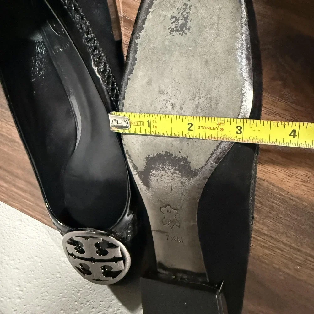 Tory Burch Logo Ballet Flat Shoes Black Suede Square Toe‎ Medallion Women's 7.5